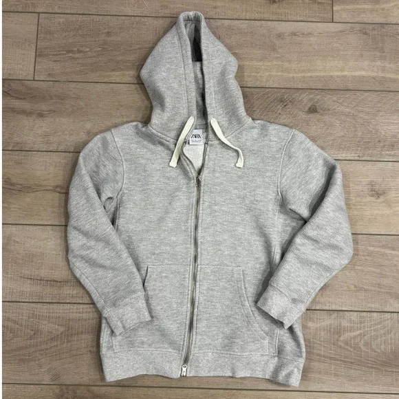 Zara Drawstring Hoodie Sweatshirt Grey Men's Small Long Sleeve Pullover Zip  UP